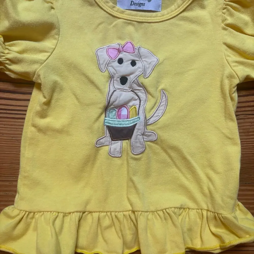 MK Clothing Designs yellow dog Easter eggs basket short sleeve girls top SIZE 2T